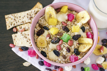 Muesli with dried fruits. Delicious and healthy breakfast.