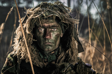 Camouflaged soldier during patrol in sunny day