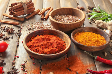 Various spices on wooden table