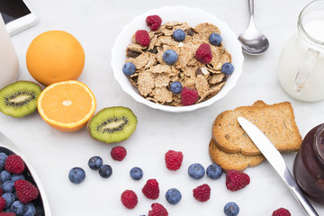 healthy breakfast with cereals and fruits, full breakfast