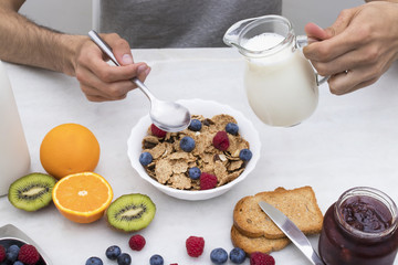 healthy breakfast with cereals and fruits, full breakfast