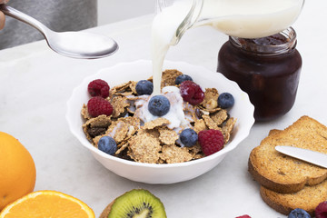 healthy breakfast with cereals and fruits, full breakfast