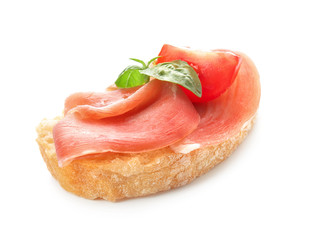 Tasty sandwich with prosciutto on white background