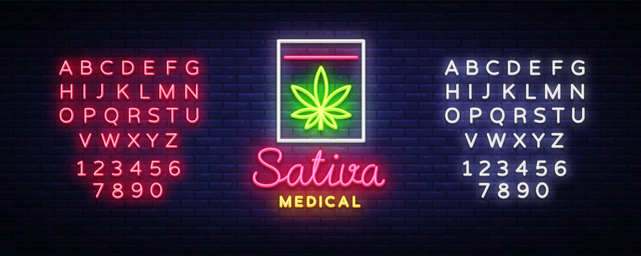 Marijuana Medical Logo Neon Vector. Sativa Medical, Marijuana smoking, storage and cultivation of cannabino medical equipment, light banner, design template. Vector. Editing text neon sign