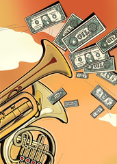 Banknotes dollars with the inscription "oil" fly out of the musical instrument trumpet. Against the backdrop of the setting sun