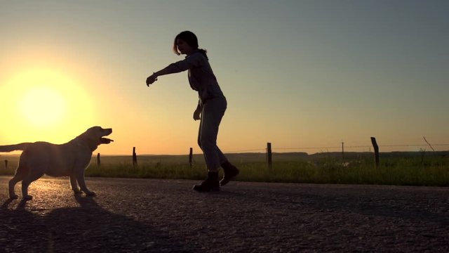A pretty girl leads a dog next to her on the road