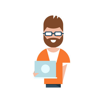 Professional programmer charatcter, smiling man holding laptop computer vector Illustration on a white background