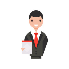 Smiling businessman character holding clipboard vector Illustration on a white background