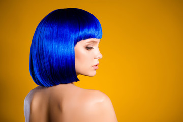 Profile portrait with copy space empty place for product of charming pretty woman in bright blue...