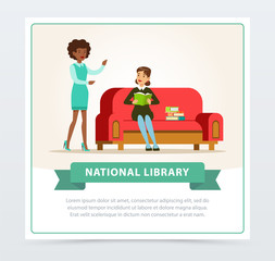 Young woman sitting on sofa and reading book in library, female librarian assisting reader, education, school, study and literature concept, national library flat vector illustration