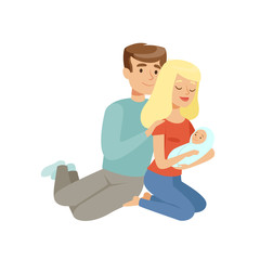 Parents embracing their newborn baby, happy family concept vector Illustration on a white background