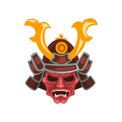 Obraz premium Ancient Samurai warrior war helmet with horns vector Illustration on a white background