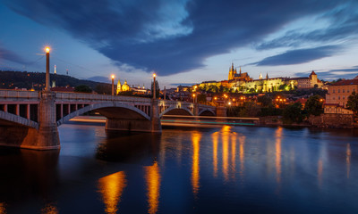 View of the River Vltava and Manes Bridge at Dusk, Prague, Czech Republic, Europe