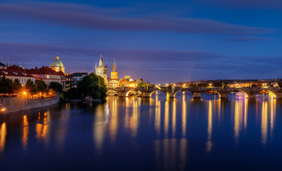 View of the River Vltava and Charles Bridge at Dusk, Prague, Czech, Republic, Europe