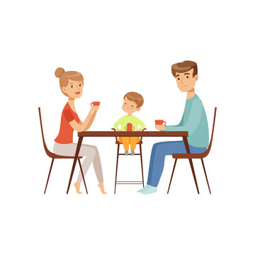 Mom, dad and their son sitting at the table and drinking tea, happy family and parenting concept vector Illustration on a white background