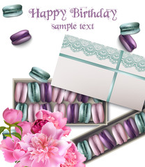 Happy birthday card with macaroons and peony flowers Vector