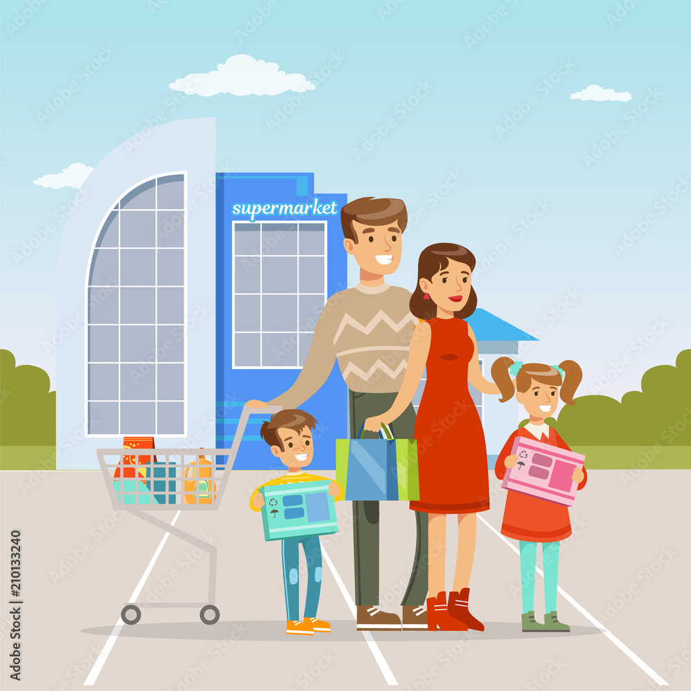 Sticker parents and their two kids standing in front of shopping mall with shopping cart, people shopping co