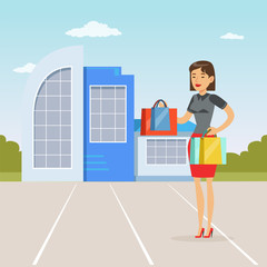 Fashionable girl standing in front of shopping mall with purchases, people shopping concept vector Illustration