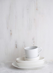Minimalism concept White porcelain  tableware Life style White background Copy space