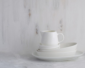 Minimalism concept White porcelain  tableware Life style White background Copy space