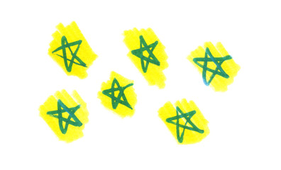 Set of simple abstract stars painted in yellow and blue highlighter felt tip pen on clean white background - 210133814