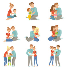 Happy parents embracing their kids set, mother and father hugging their children, happy family concept vector Illustration on a white background