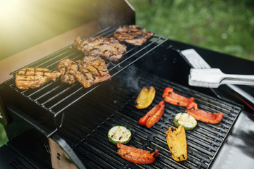 Delicious grilled meat with vegetables on a barbecue