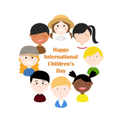 Vector Illustration: Children with different nationalities, skin colors, clothes in a circle. Cute, cartoon, colorful, simple, flat, abstract, for Happy International Children's Day.