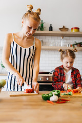 Obraz premium Photo of beautiful woman with her daughter cutting vegetables in kitchen