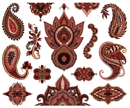 Naklejki Paisley set. Oriental decorative design elements. Henna mehndi tattoo ornament. Isolated objects on white background. Vector illustration