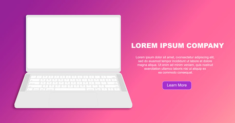 Website landing page concept, vector illustration. White realistic laptop mockup, front view, trendy ultra violet background with space for text.