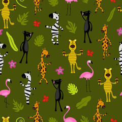 Seamless pattern with flamingo, giraffe, zebra, tiger, panther and palm trees. © savvalinka