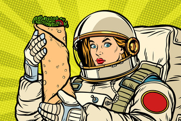 Hungry woman astronaut with Shawarma kebab