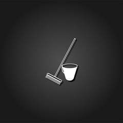 Bucket and rake for the sandboxes icon flat. Simple White pictogram on black background with shadow. Vector illustration symbol