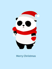 Vector Illustration: A cute cartoon giant panda with red scarf, red christmas hat and red gloves is holding snowflake and star decorations in the hands.