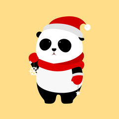 Vector Illustration: A cute cartoon giant panda with red scarf, red christmas hat and red gloves is holding snowflake and star decorations in the hands.