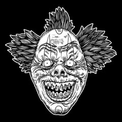 Evil scary clown monster with big nose and sharp teeth. Blackwork adult flesh tattoo concept. Horror cartoon illustration isolated on black background. Laughing angry insane joker head. Vector.