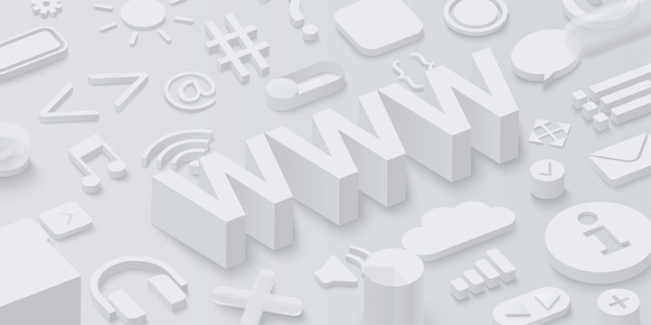 Grey 3d www background with web symbols.