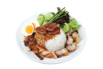 Jasmine rice with meat and boiled egg topped red sweet sauce .