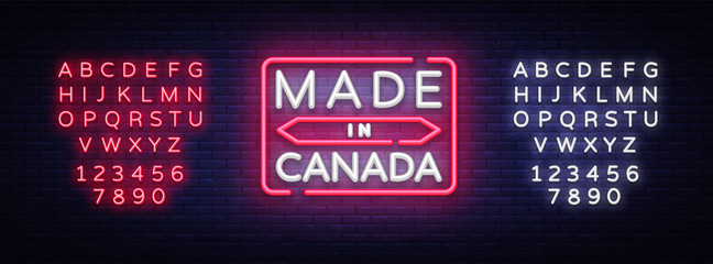 Made in Canada neon vector sign. Made in Canada symbol banner light, bright night Illustration. Vector illustration. Editing text neon sign