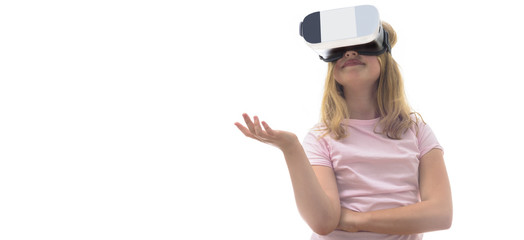 Girl using a virtual reality headset. Isolated on white background 