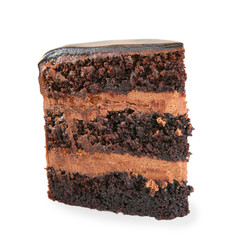 Piece of delicious chocolate cake on white background