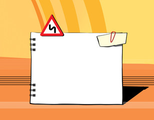 Empty note pad for entries on an orange-yellow background. A road sign and a clip with a note. Dangerous bend.