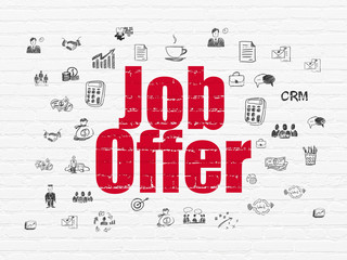 Business concept: Painted red text Job Offer on White Brick wall background with  Hand Drawn Business Icons