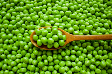 Fresh peas in wooden spoon on green peas.