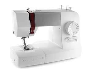 Modern sewing machine on white background
