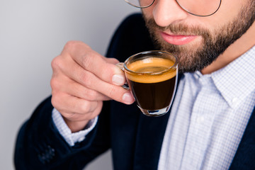Cropped close up photo of successful elegant handsome bearded mustache glasses spectacles eyewear...
