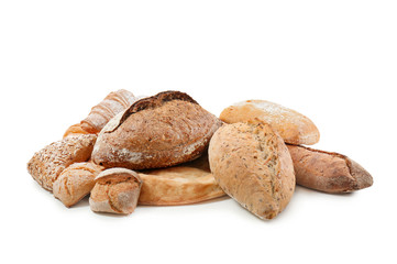 Different bakery products on white background