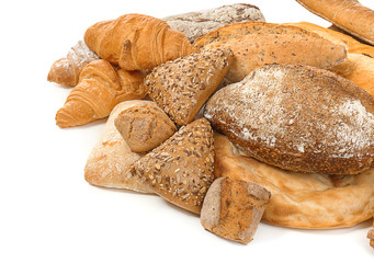 Different bakery products on white background