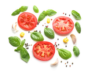 Composition with spices and tomatoes on white background